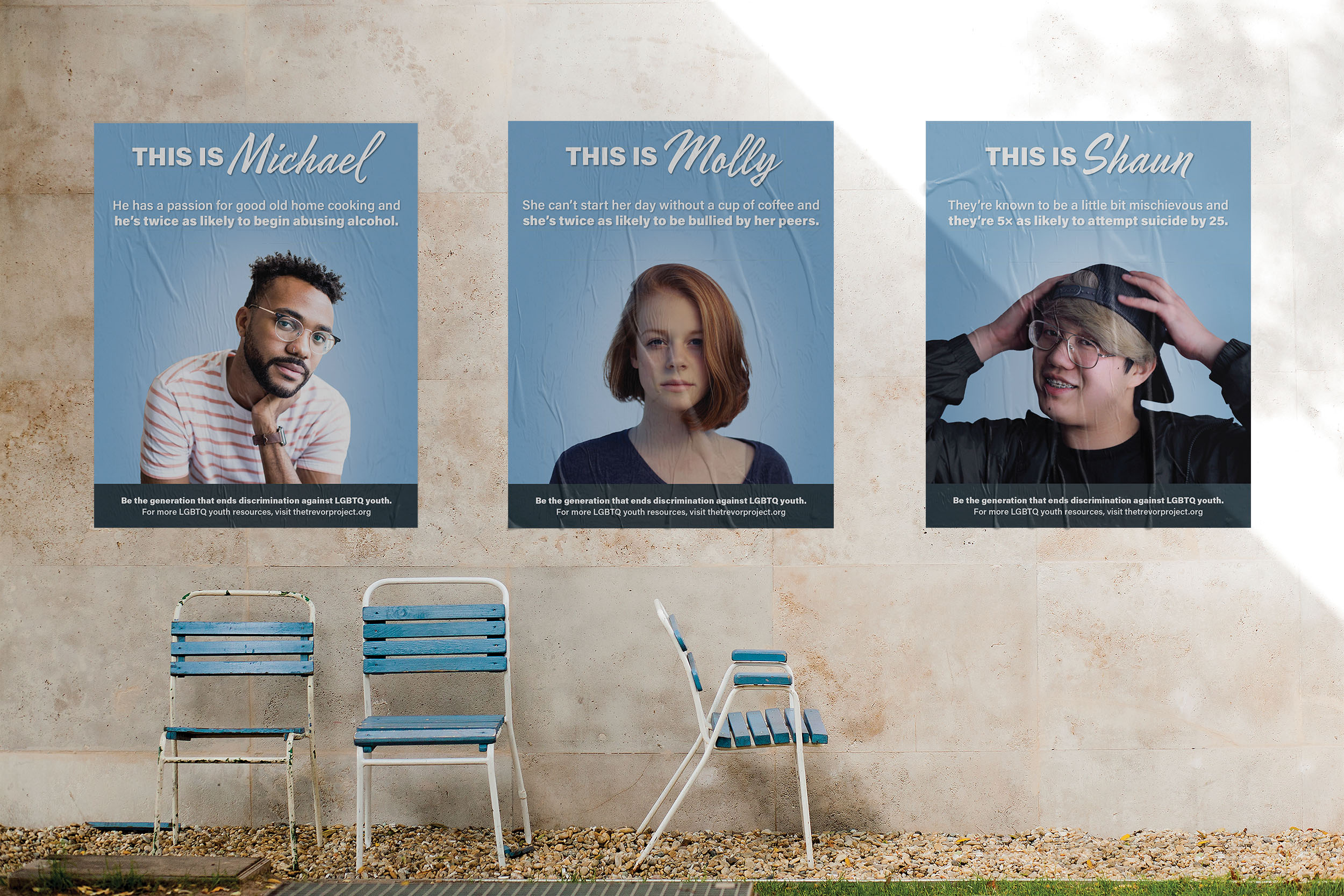 mockup of three posters, each with a portrait of a person and statistic about the effects of discrimination against LGBTQ youth