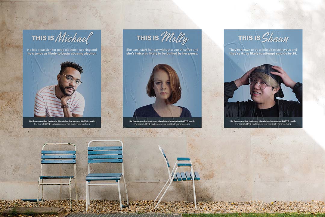 mockup of three posters, each with a portrait of a person and statistic about the effects of discrimination against LGBTQ youth