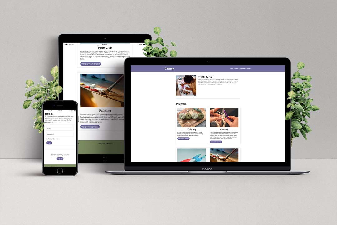mockup of a responsive crafts website, displayed on a smartphone, a tablet, and a laptop computer