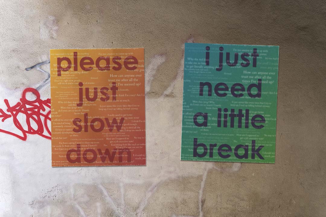 mockup of a set of two posters, with the left being mostly orange and red and representing anxiety, and the right being mostly blue and green and representing depression