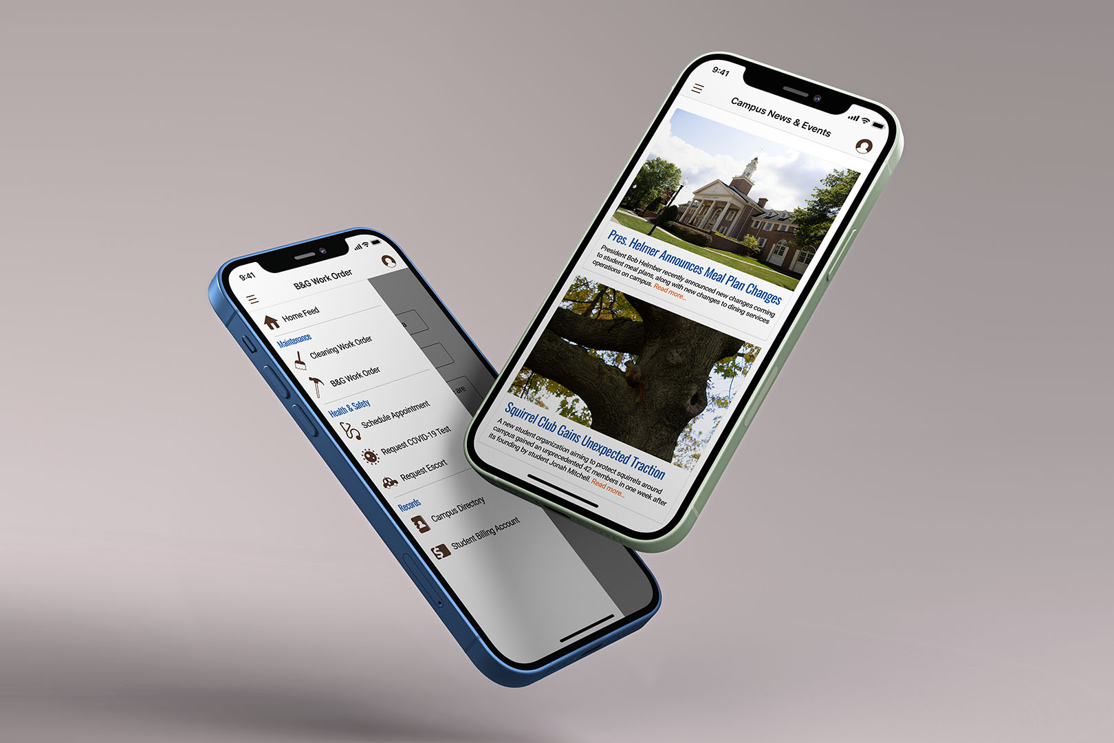 mockup of two iPhones displaying Jacket Connect's app interface