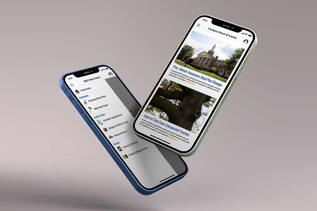 mockup of two iPhones displaying Jacket Connect's app interface