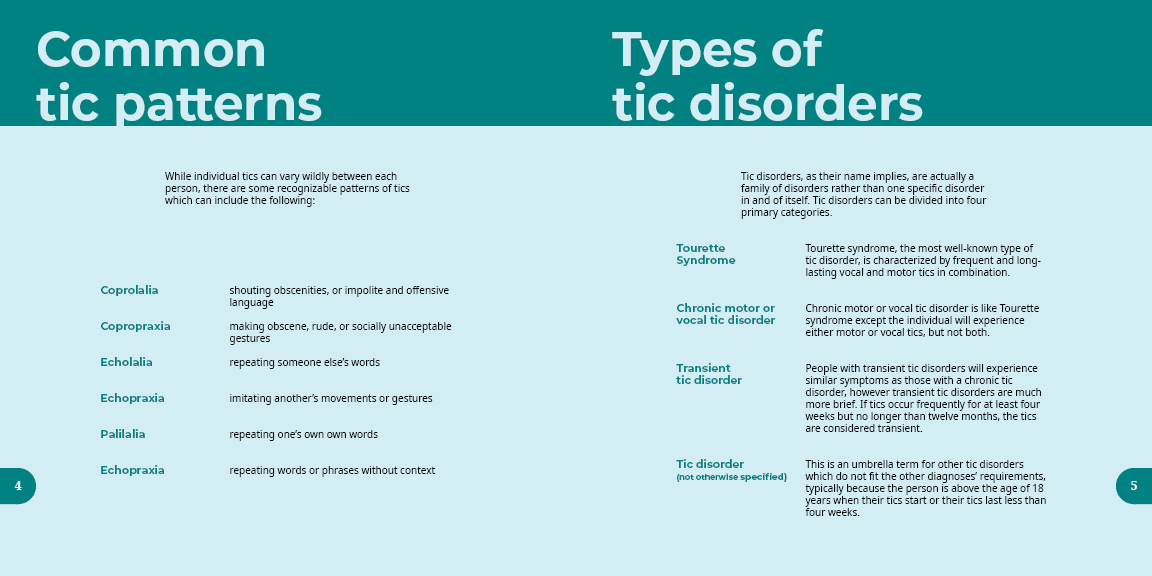 an early version of a spread detailing types of tic disorders and tic patterns