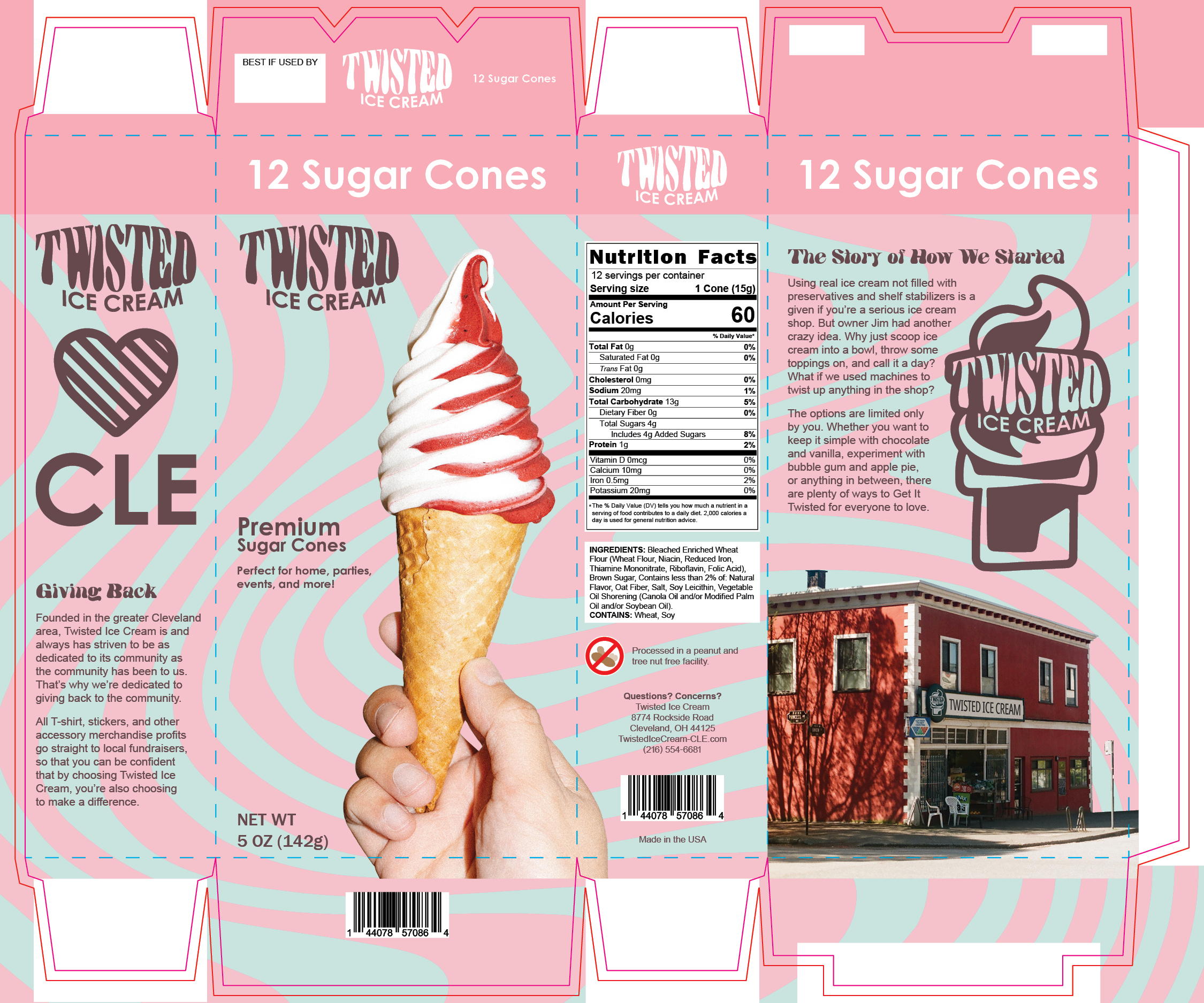 the flattened design with die lines for the Twisted Ice Cream cones box